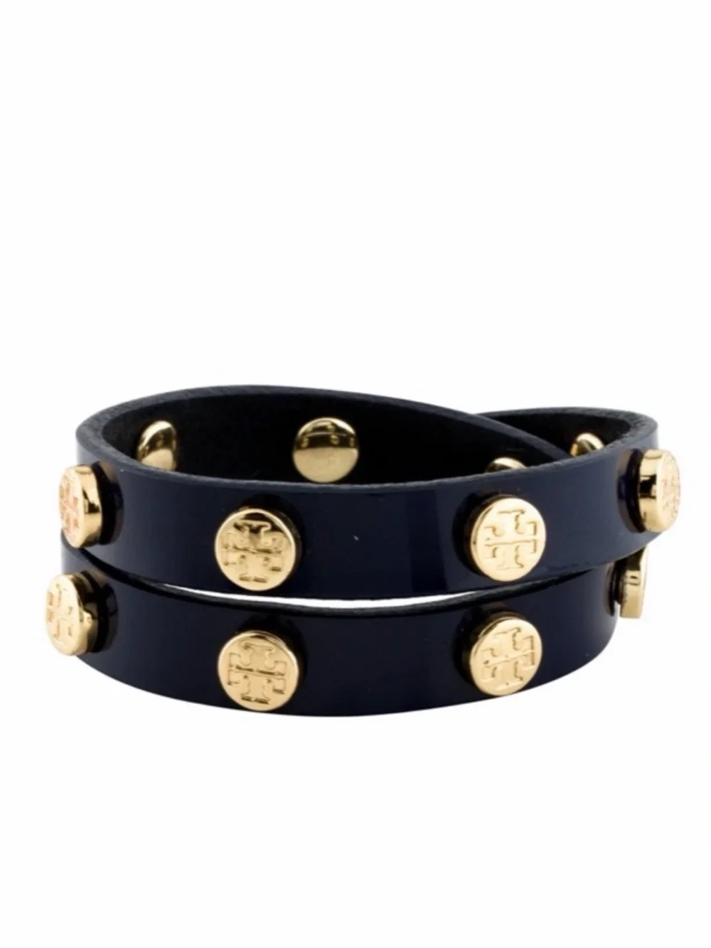 Tory Burch Black Double-Wrap Leather Bracelet with Gold Logo Studs